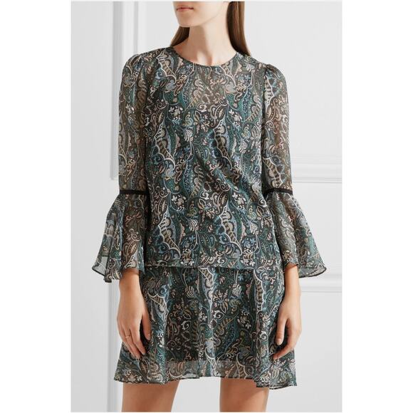 Veronica Beard Denver Silk Chiffon Printed Mini Dress Size 4 Green Paisley - Picture 2 of 10